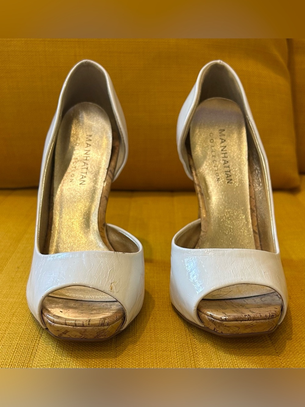 Manhattan Collection White Peep-Toe Heels with Cork Platform